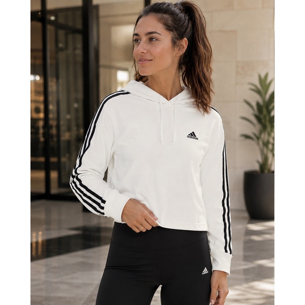 adidas Womens XS White Cropped Hoodie 3 Stripes Pullover Sweatshirt Athletic